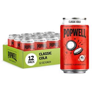 lot 3420 image: Popwell Classic Cola Caffeinated Better-For-You Prebiotic Soda, with 6g Fiber, 1g Sugar, Vitamins and Immunity Support, 12 fl oz Cans (pack of 12)