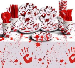 lot 3633 image: Halloween Party Supplies Dinnerware Decorations - Bloody Zombie Tablecloth, Paper Plates, Cups, Straw, Napkins, Cutlery - Horror Halloween Birthday Party Decorations Tableware Serves 20 Guests-161CT