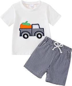 lot 3719 image: Toddler Boy Halloween Outfit Truck Pumpkin Embroidered T-shirtStriped Shorts Fall Set