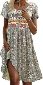 lot 3743 image: Womens Sundress 2025 Summer Boho Floral Short Sleeve Crewneck Midi Dress Casual A-Line Flowy Knee Lenth Dress with Pocket SIZE S