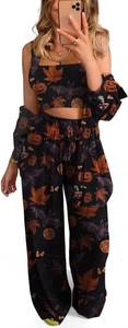 lot 3751 image: Halloween 3 Piece Set Women Casual Outfit Crop Top Wide Leg Pant & Long Sleeve CoverUp Autumn Party Matching Clothes SIZE M