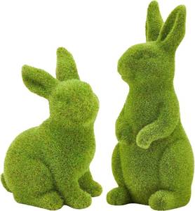 lot 3758 image: Easter Bunny Decor, 2pcs Flocked Bunny Moss Bunnies Spring Decor Resin Rabbit Figurines for Table Desk Easter Decorations (Large 2pcs)