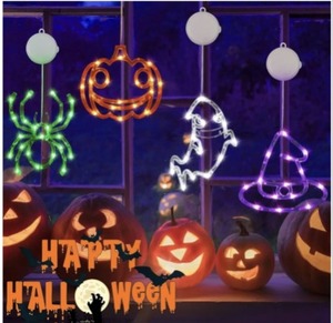 lot 3772 image: 4 Pack Halloween Decorations, Orange Pumpkin, White Ghost, Purple Witch Hat, Green Spider Lights, Battery Operated Halloween Window Lights with Suction Cup and Timer for Decor