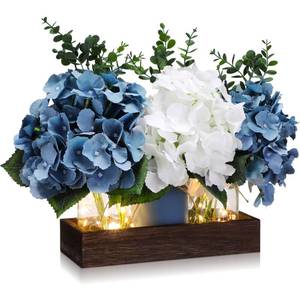 lot 7270 image: Suncalla 3 Pcs Blue Mason Jar Centerpiece Table Decorations Blue and White Faux Hydrangea Flowers Eucalyptus Stems with Wood Tray and LED Light for Spring Mothers Day Wedding Farmhouse Table Decor MISSING WHITE FLOWERS - Retail $37