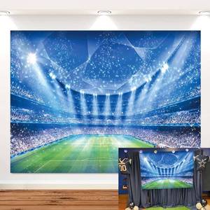 lot 7278 image: Soccer Field Backdrop Stadium Soccer Competition Fans Night Spotlight Background Adults Man Boy Birthday Party Football Match Wall Decorations Photo Shoot Props 8x6FT - Retail $23