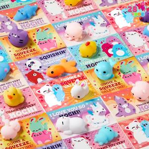 lot 7283 image: JOYIN 28 Packs Valentines Day Mochi Squishy Toy Gift Cards for Kids, Kawaii Mochi to Squeeze with Cards, Squishy Toy Stress Relief Fidget Toys for Kids Classroom Exchange Prizes Valentine Party Favor - Retail $20