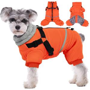 lot 7289 image: BRKURLEG Small Dog Winter Coat with Harness Built in, Orange Winter Dogs Jackets, Fullbody Dog Coat, Dogs Snowsuits Reflective Windproof Cold Weather Coats, Pet Warm Fleece Coats, L - Retail $49