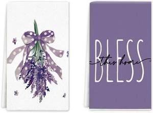 lot 7309 image: jutshow Spring Purple Flowers Kitchen Towels Dish Towels, 16x24 inch Bless Lavender Floral Hand Towel Set of 2, Decorative Lavender Towel for Bathroom Kitchen Decoration - Retail $10
