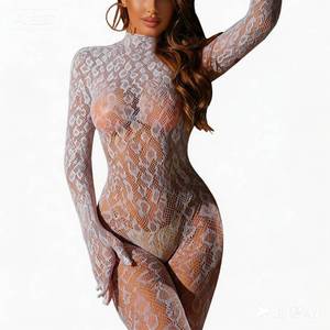 lot 7314 image: Womens Fishnet Bodysuit Leopard Lingerie Bodystocking See Through Mesh Jumpsuit with Long Sleeve Design for Rave - Retail $8