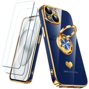 lot 7320 image: Nonional Compatible for iPhone 15 Case with 2 Pack Screen Protector, 360° Rotatable Ring Holder Luxury Hearts Pattern Plating Gold Edge Slim Soft Phone Cover Case for iPhone 15 - Blue - Retail $10