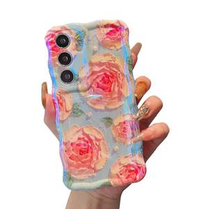 lot 7329 image: XIZYO Case for Samsung Galaxy S25 Plus, Colorful Retro Oil Painting Flower Cute Floral Aesthetic Curly Wave Frame Laser Glossy Reflective Exquisite Stylish Cover Girly Women-RoseBlue - Retail $10