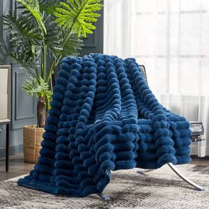 lot 7334 image: Cozy Bliss Faux Fur Throw Blanket for Couch, Cozy Warm Plush Striped Blanket for Sofa Bedroom Living Room, 50  60 Inches Navy Blue - Retail $50