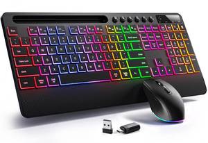 lot 7354 image: Hamile Wireless Keyboard and Mouse ComboRGB Backlit Effects,Ergonomic Full Size Silent Keyboard,Wrist Rest,2.4G Rechargeable with Phone Holder Compatible with Windows, Mac,PC,Laptop, Black - Retail $31