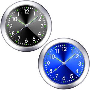 lot 7371 image: 2 Pieces Stick on Dashboard Car Clock Mini Tiny Small Luminous Disposable Car Vent Clocks Watch for Dashboard Boat Bike Home(Black, Blue) - Retail $11