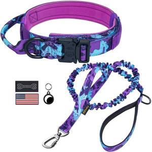 lot 7373 image: Hotsky Tactical Dog Collar and Leash Set, Heavy Duty Military Airtag Dog Collar with Handle and Metal Buckle for Training and Walking, with Airtag Holder and Two Patches (Purple Camo, L) - Retail $21