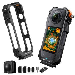 lot 7398 image: K&F CONCEPT Camera Cage for Insta360 X5, Aluminum Alloy Protective Case with Silicone Lens Cover, Frame with 2 Cold Shoe Mounts for Microphone and Led Video Light, Built-in 14 Screw Hole - Retail $40