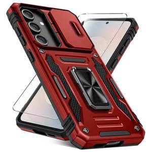 lot 7403 image: Caka for Samsung Galaxy S25 FE Case HD Screen Protector Full Camera Lens Cover 360°Rotated Kickstand Ring Heavy Duty Protection Hard Rugged Protective Phone Cover for S25 FE - Red - Retail $13