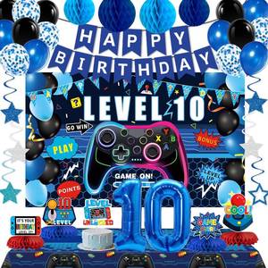 lot 7406 image: Video Game 10th Birthday Decorations for Boys, Blue Level 10 Party Decor Kits for Boy, 10 Years Old Game Supplies - Backdrop Honeycomb balls Hanging Swirls Centerpieces Balloons Tablecloth Cake topper