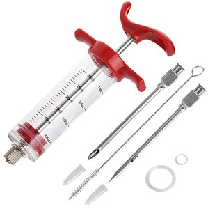 lot 7408 image: X-WLANG Premium Meat Injector, Marinade Injector Syringe with 2 Meat Needles for BBQ Grill Smoker, Turkey and Cooking 1-oz Capacity, 2 Stainless Needles, 1 Brush, Red - Retail $7