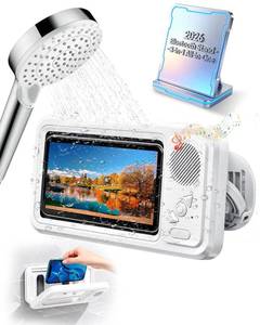 lot 7417 image: in Shower Phone Holder Waterproof Bathroom Phone Case for Shower Speaker Landline Vintage with Speakers Buddy Under Water Proof Play Soeaker Suction Cup Mount Wall with Lights Mobile Scroller - Retail $24