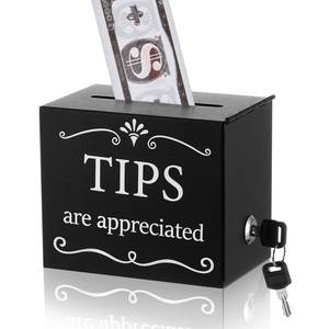 lot 7418 image: Vesici Metal Tips Jar Donation Tip Bucket 6 x 4 x 5 Inch Money Storage Container with 2 Keys, Suggestion Box Raffle Cash Box for Bartender Bars Restaurants Musicians Driver Coin Collection - Retail $20