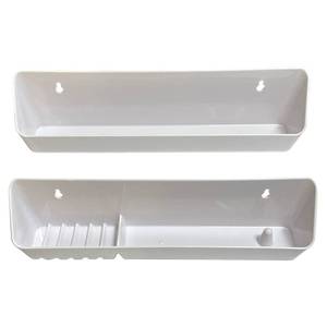lot 7424 image: Bueyfolt 11 Kitchen Sink Front Tip-Out Accessory Trays with Mounting Screws, White, 2 Pack (Conventional Open Tray and Accessory Tray with Ring Holder and Soap Dish) Hinges are Not Included - Retail $19