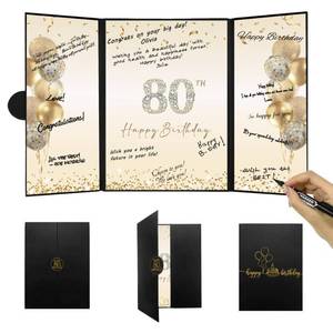 lot 7438 image: DARUNAXY Black Gold 80th Birthday Party Decorations, Happy 80th Birthday Alternative Signature Guest Book for Men Women Cheers to 80 Years Old Gifts 80 Birthday Signing Card Board Party Supplies TORN IN THE BACK - Retail $15
