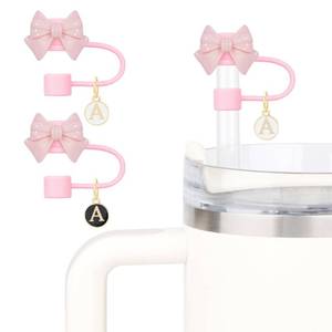 lot 7440 image: Cute Bow Straw Cover for Stanley Cup With 2 Initial Letter Charms Name ID Accessories Compatible With Stanley 30&amp40 OZ 10mm Straw Topper, Drinking Straw Covers Cap for Tumble Cups (Pink BowA)