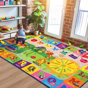 lot 7477 image: B BENRON Kids Rugs for Playroom Classroom Bedroom, Educational and Fun Play Mat with ABC Alphabet Animals, Learning Rug for Children Toddler Baby Girls Boys Nursery, Washable, 4x6 - Retail $30