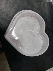 lot 7478 image: White Ceramic Heart-Shaped Bowls with Colorful Speckled Pattern Set - Retail $15