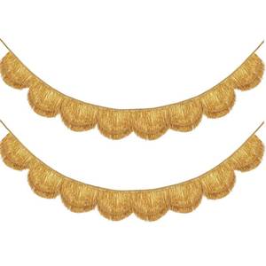 lot 7498 image: APUDWN 2 Pcs 6.89 ft Gold Fringe Banner, Scalloped Layered Tassel Banner, Gold Fringe Galand Party Decoration Backdrop Photo Booth for Holiday Birthday Bachelorette Wedding Bridal Shower Disco - Retail $22