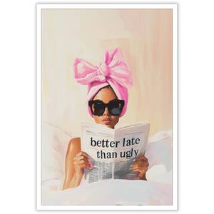 lot 7505 image: Preppy Trendy Better Late Than Ugly Poster Fashion Newspaper Canvas Prints Pink Bow Headscarf Girl Aesthetic Feminine Wall Art Funny Makeup Posters for Room Bathroom Dorm Decor 8x12inch Unframed