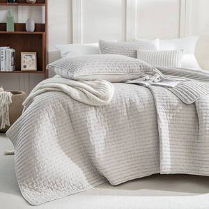 lot 7510 image: Sanracie Stonewashed Oversized King Quilt(120x120), Cotton Light Wheat Color Cross Stitch Pattern California King Quilt Set 3Pcs Ultra Soft Lightweight Crinkle Bed Coverlet Set for All Season - Retail $170