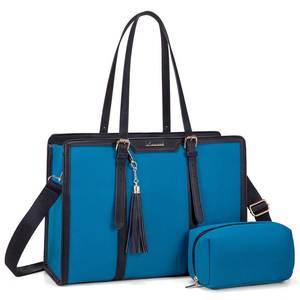 lot 7513 image: LOVEVOOK Laptop Bag for Women - 15.6 inch Lightweight Canvas Laptop Tote, Large Capacity Computer Bag with Clutch Purse for Business, Work, Travel, School, Casual (Black & Blue, 15.6 Inch) - Retail $39