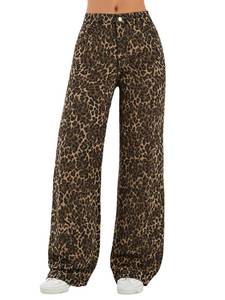 lot 7524 image: EMMIOL Womens 2026 Wide Leg Jeans Distress Mid Waist Denim Pants Vintage Y2K Trousers(Leopard Print-Style1,M) - Retail $34