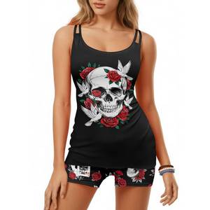 lot 7538 image: HUNTFAMI Tankinis Swim Suits for Women Two Piece 2025 Summer Womens Bathing Suits Holiday Spring Beachwear Women with Boyshorts, Skeleton Skull Large