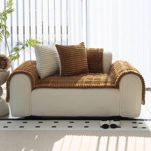 lot 7544 image: MDSASFD Sofa Couch Cover, Sofa Covers for Dogs Washable, Non-Slip Striped Sofa Slipcovers for Sectional Sofa, Sofa Cover Furniture Protector for L Shaped(Light Brown, 27.6x 27.6) - Retail $26