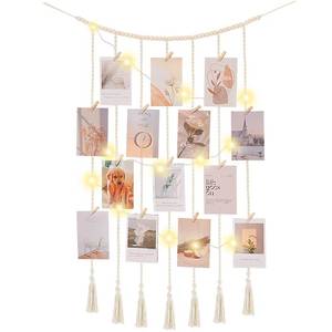 lot 7551 image: Poefditev Macrame Hanging Photo Display Boho Wall Decor with String Lights Wooden Beads Garland Picture Frame Collage Holder with 30 Clips for Room, Bedroom, Dorm, Christmas Teenage Teen Girl Gifts (Beige, Medium) - Retail $9