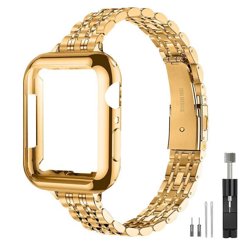 lot 62206 image: Slim Watch Band Compatible with Apple Watch 42mm 46mm Metal Stainless Steel Watchband Suitable for iWatch Series 11 10 Women Luxury Strap (Gold, Series 1110 46mm) - Retail $20