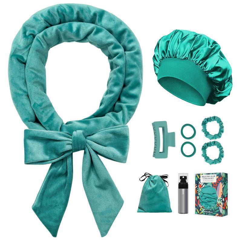 lot 43865 image: No Heat Overnight Curl Headband, 70 Soft Ribbon Wrap for Long Hair, 9 PCS Hair Curling Rods Set - Blue Green - Retail $9