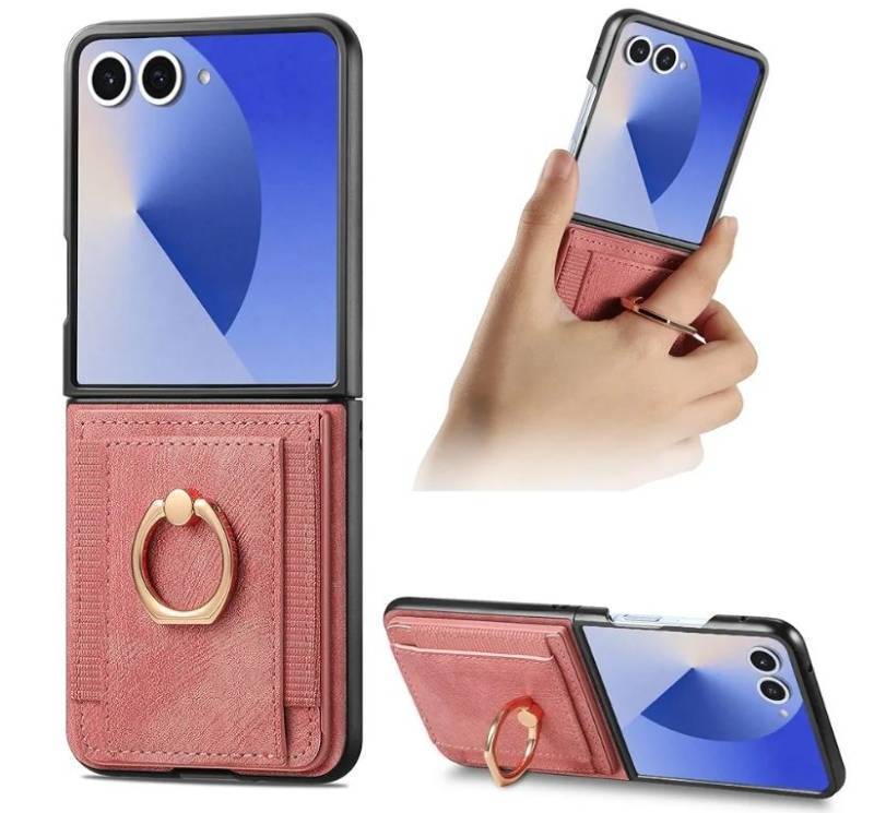 lot 43936 image: Galaxy Z Flip 7 with Card Holder, allet Phone Case with Built-in Rotate Ring Stand PU Leather Protective Kickstand Case for Women Girls Samsung Galaxy Z Flip 7 Pink - Retail $15