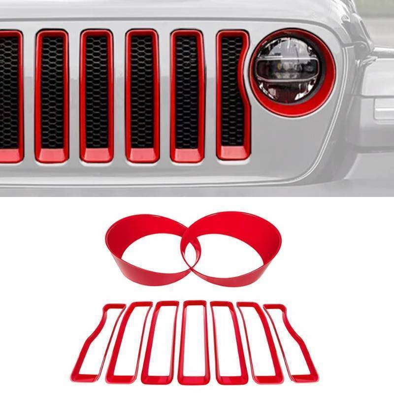 lot 44031 image: 9PCS Grille Inserts Headlight Cover Kit Fitment for Jeep (2020-2023) Gladiator JT (Red, JT) - Retail $26