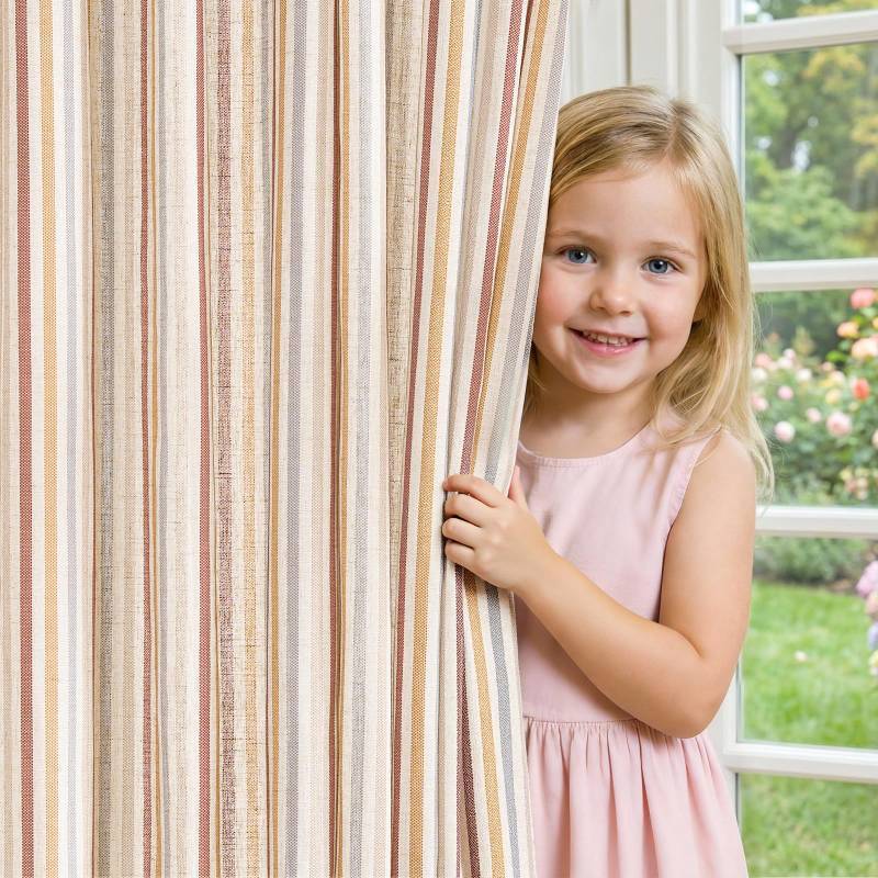 lot 34858 image: Colorful Linen Curtains for Nursery Living Room Multi Red on Beige Striped Curtains for Bedroom Cute Ticking Stripe Farmhouse Baby Girl Kids Room Light Filtering Grommet 2 Panels 63 inch - Retail $38