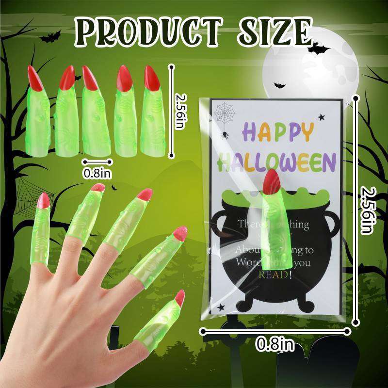 lot 34981 image: 33Pcs Halloween Witch Finger Pointer Reading Vampire Fingers Nail Set Glow in The Dark Fake Fingers Nail Trick Props for Costume Cosplay Party Accessories (Luminous Color) - Retail $10