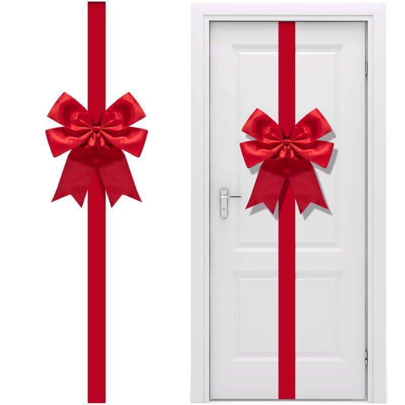lot 34995 image: 14.2 Ft Extra Large Christmas Front Door Warping Bow, Adjustable Red Christmas Doors Ribbon Bow with Buckle, Giant Christmas Door Wreath Bows for Cabinet Door Home Festival Decor - Retail $12