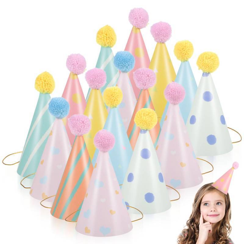 lot 15050 image: 16pcs Birthday Party Cone Hats for Kids 7 inch Pom Poms Party Supplies & Decorations Paper Colorful Hat for Toddler Girls Boys Baby Shower Photo Props - Retail $20