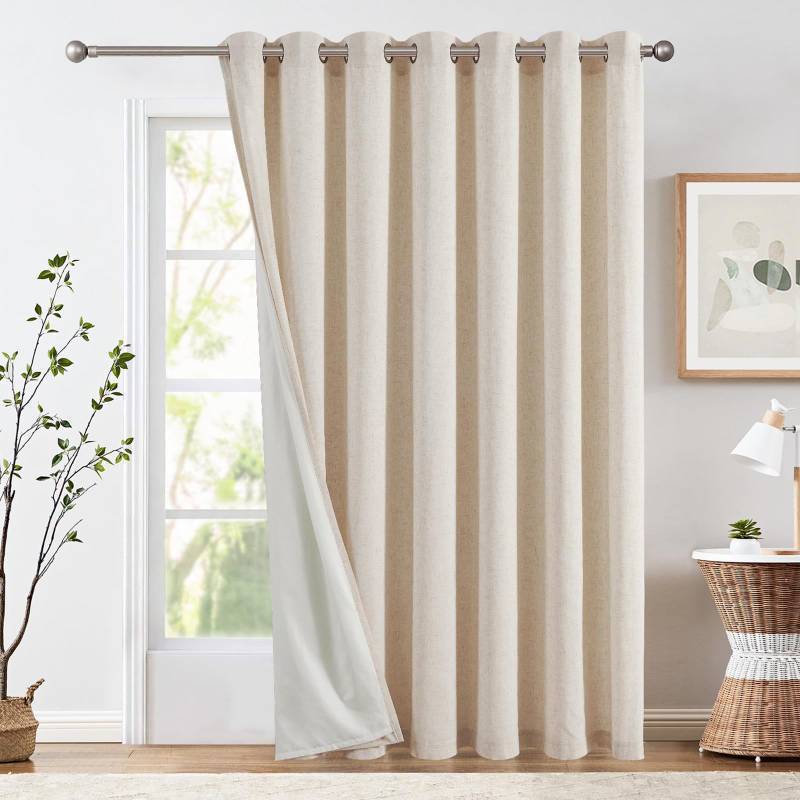 lot 71764 image: Lined Curtains for Patio Doors 100x84 1 Panel, Beige Light Filtering Curtains for Living Room Darkening Extra Wide 100 Inch Non-See-Through Privacy Room Divider Grommet Drapes - Retail $60