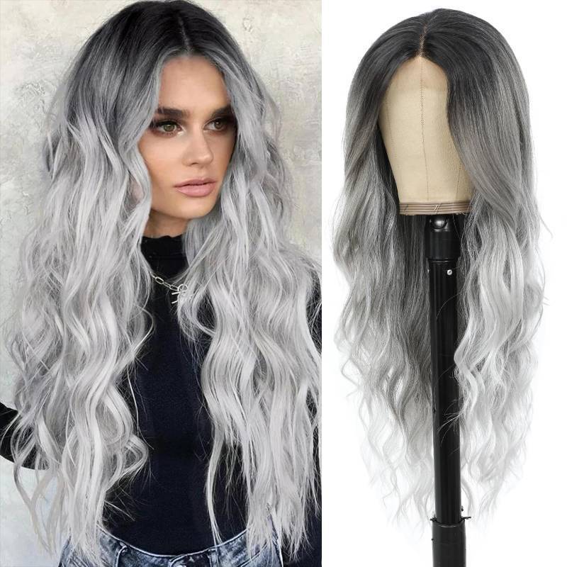 lot 34892 image: Long Grey Wavy Wig for Women 26 Inch Ombre Grey Middle Part Curly Synthetic Hair Wig Natural Look Heat Resistant Fiber for Daily Party Use - Retail $30