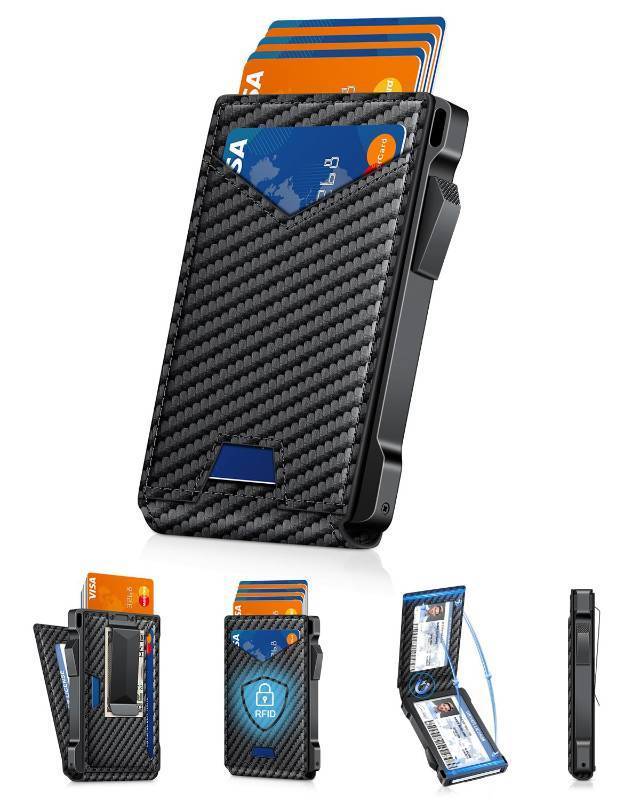 lot 62209 image: Wallet for Men RFID Wallet with 2 ID Windows & Money Clip, Slim Pop Up Card Holder for 10-12 Cards, Bifold Minimalist Smart Wallet for Front Pocket, Compact Metal Credit Card Holder, Gifts for Men - Retail $26