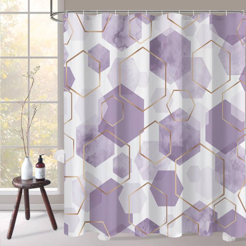 lot 71888 image: Modern Extra Long Shower Curtain for Bathroom, Lavender Purple Geometric Art Decor Waterproof Bath Curtain, Abstract Fabric Shower Curtain Sets for Home Decor, 72x84 Inch - Retail $32